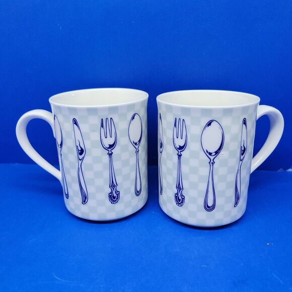 Epoch Indonesia Knife & fork Teal Checkerboard Mugs set of 2 - Picture 10 of 11